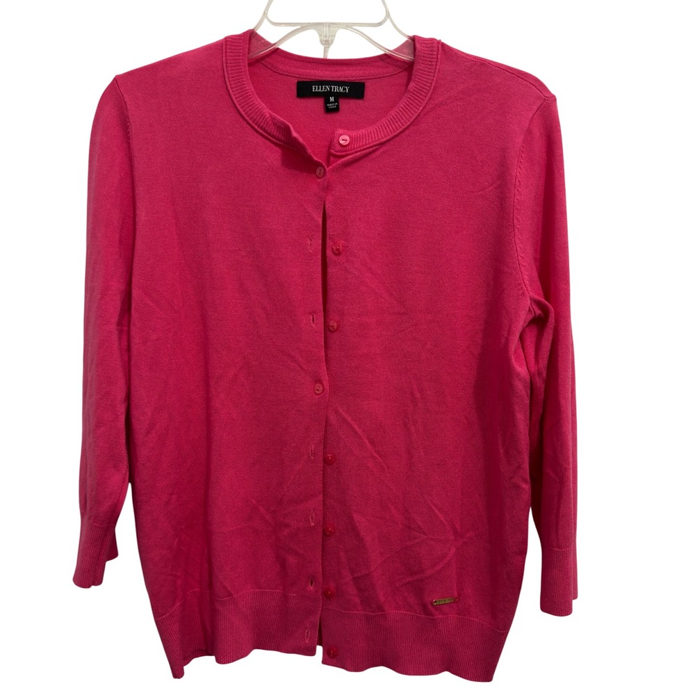 Ellen Tracy Cardigan Hot Pink Viscose Crew Neck 3/4 Sleeve Dopamine Dressing M